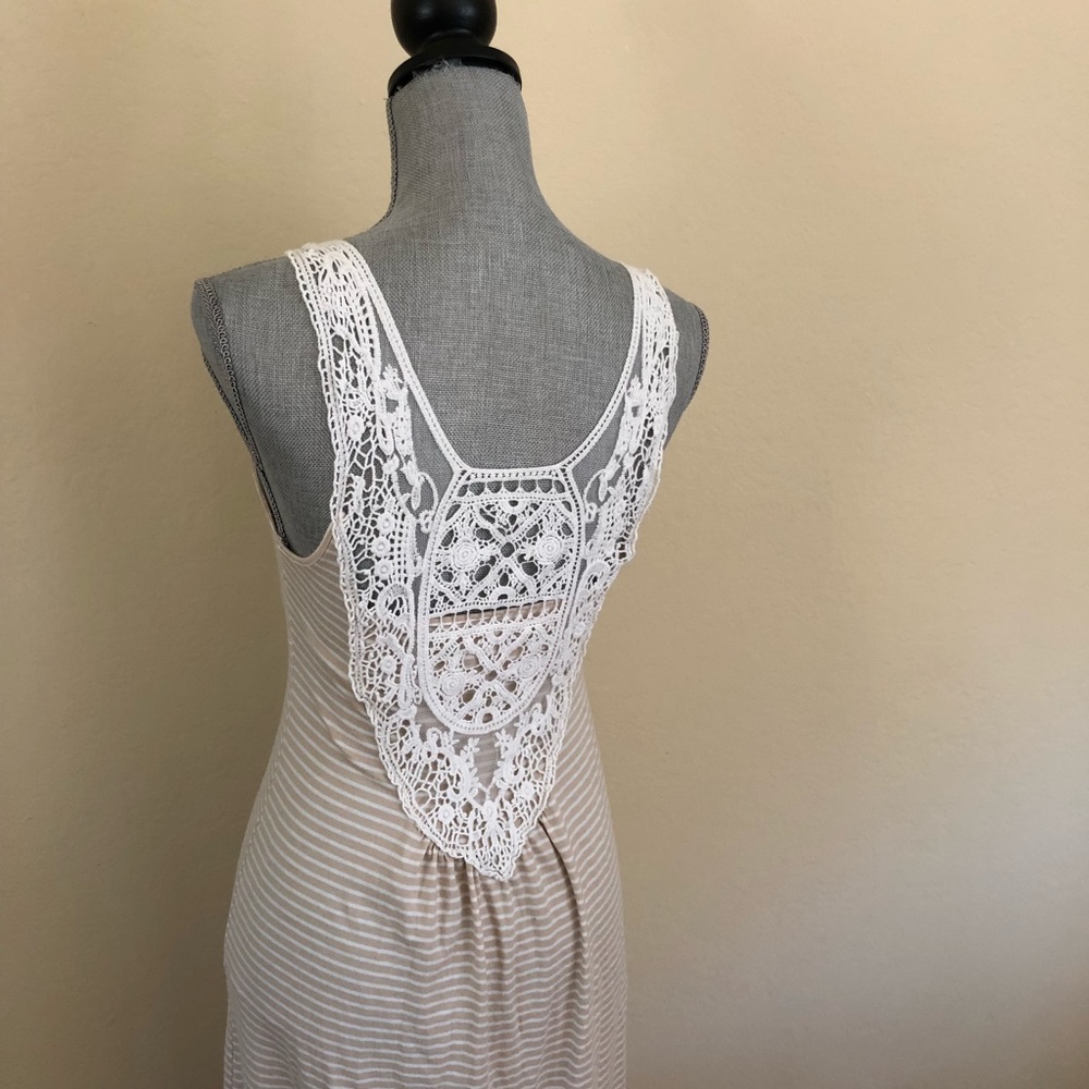 🦋 Crochet Back Maxi Dress Beige White Stripe